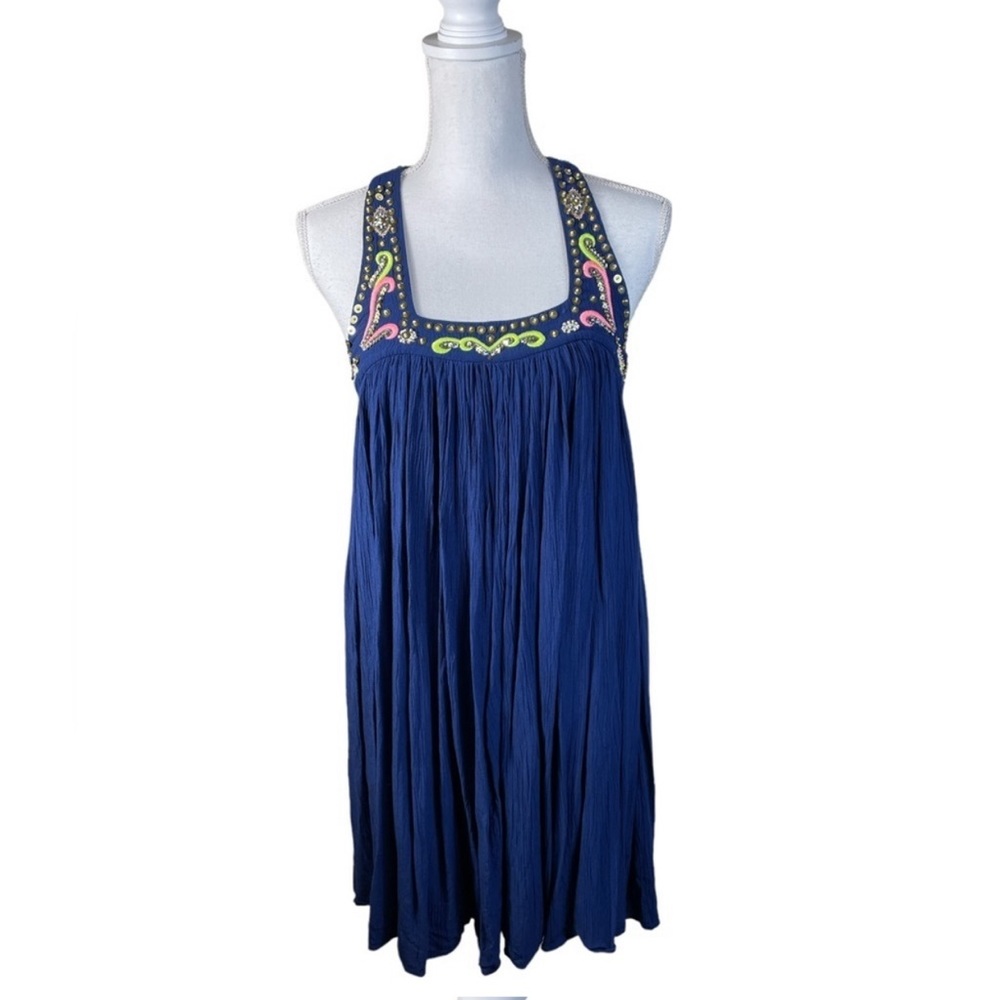 Lilly Pulitzer Lorna navy beaded trapeze dress, size S swing crinkle event boho